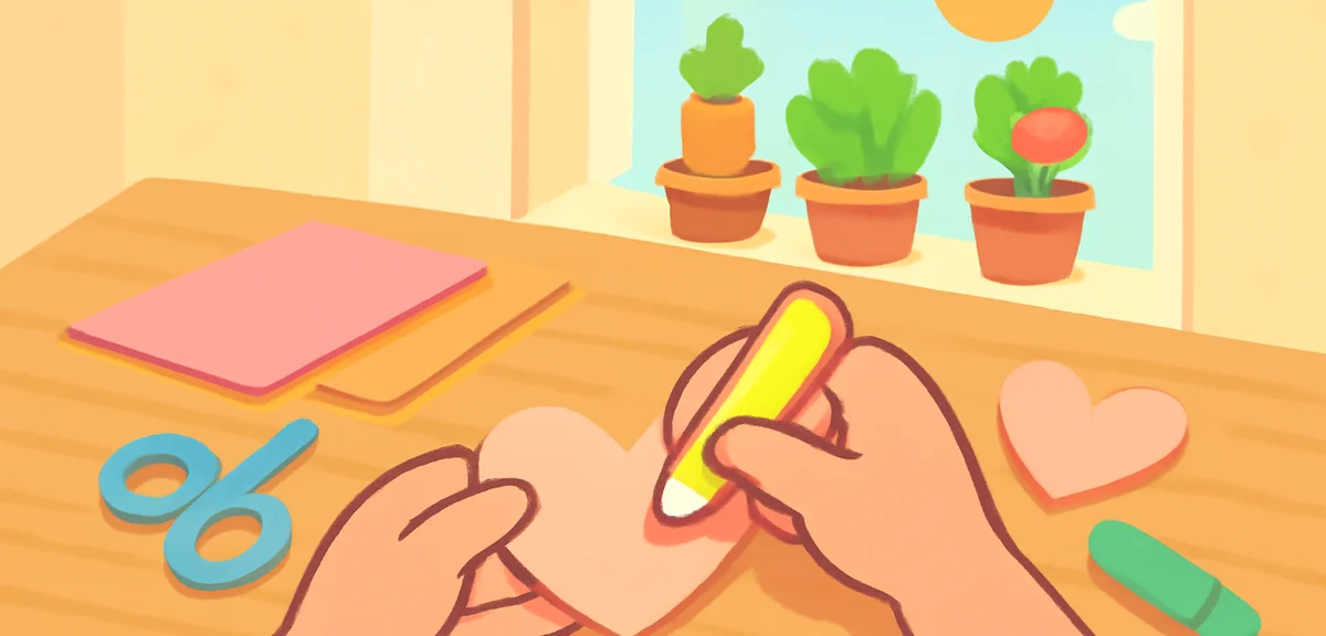 Hands working on a DIY craft project at a wooden desk, small potted vegetables on the windowsill, su