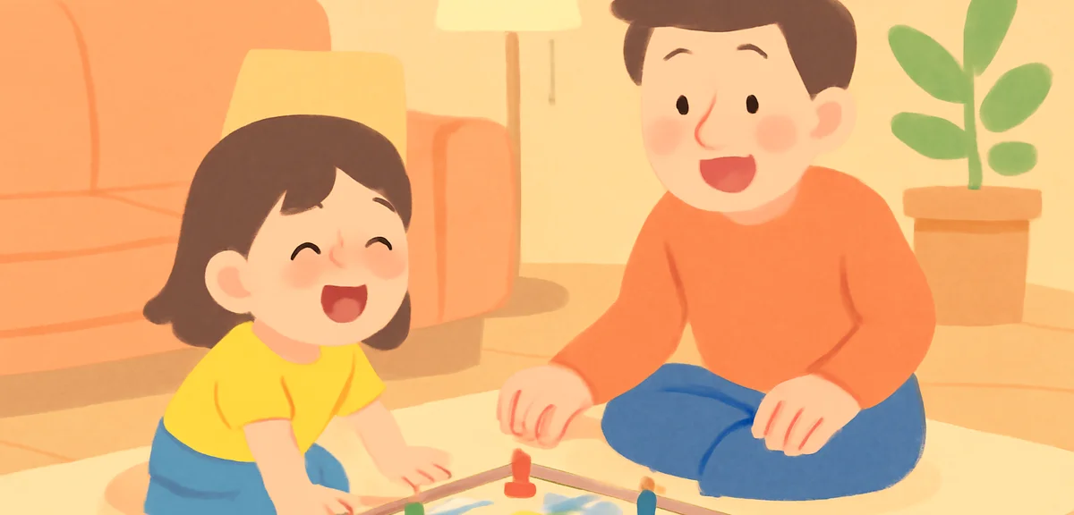 A parent and child playing a board game together on the living room floor, laughing and enjoying qua