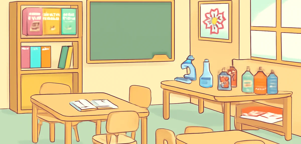 An overview scene of a private after-school center with different learning zones, English books, sci
