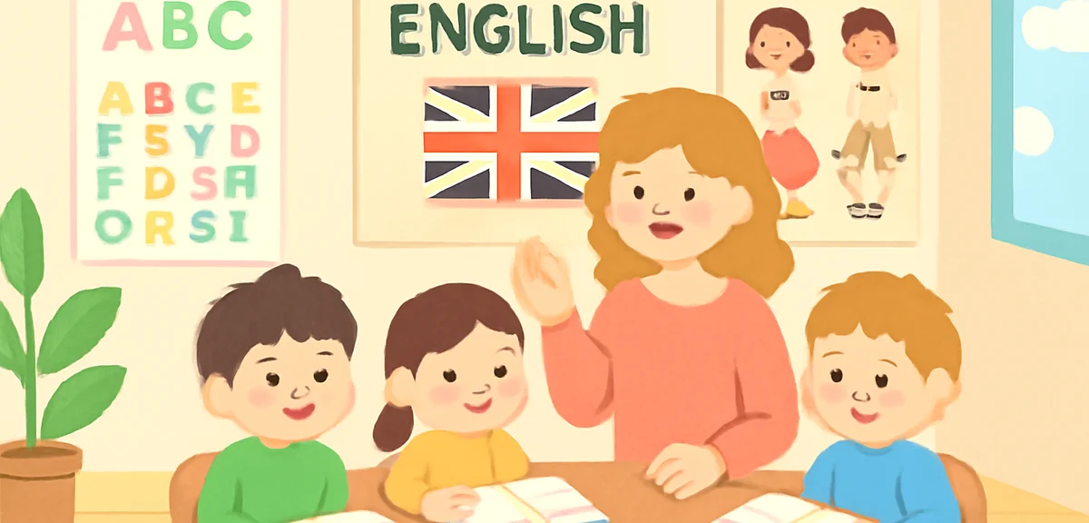 A small group of elementary students studying English with a native teacher in a private after-schoo