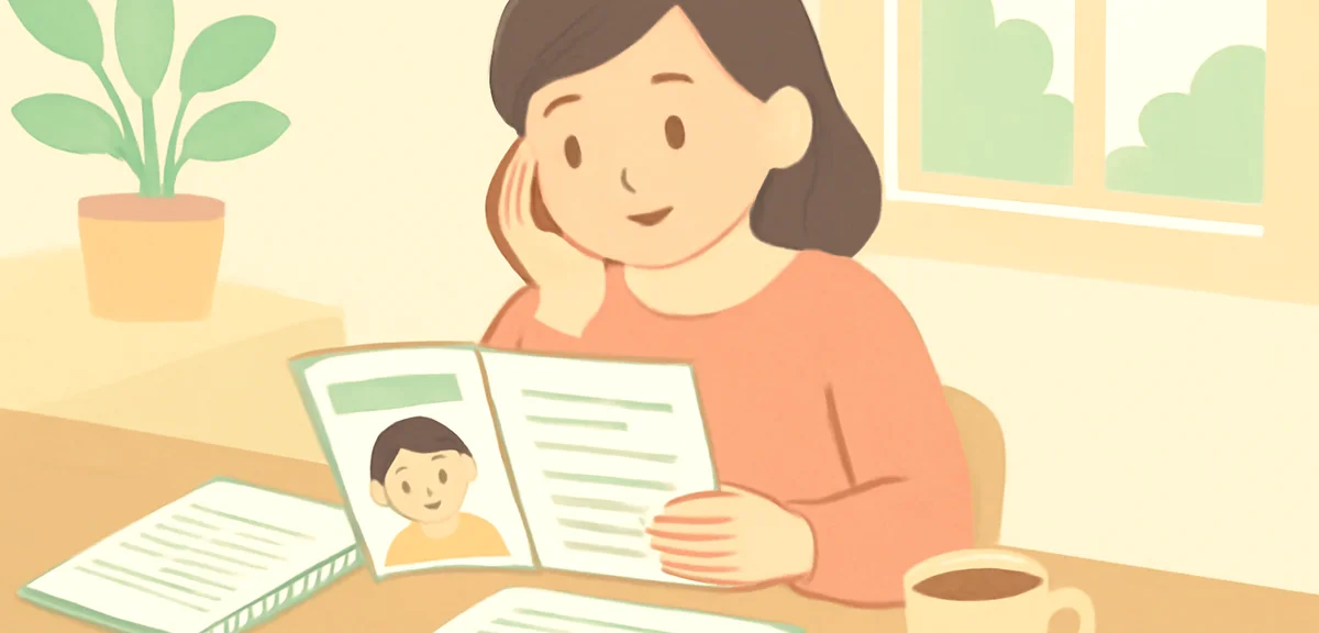 A parent at home looking at private after-school brochures and price sheets on a wooden table with a
