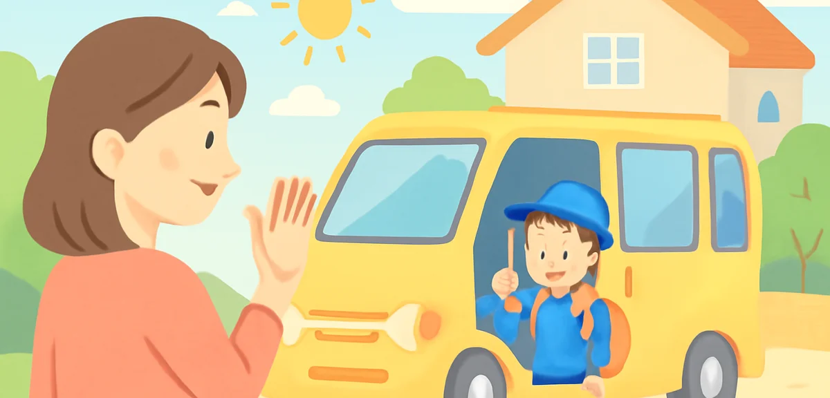 A mother waving goodbye as her elementary school son gets into a private after-school pick-up van in