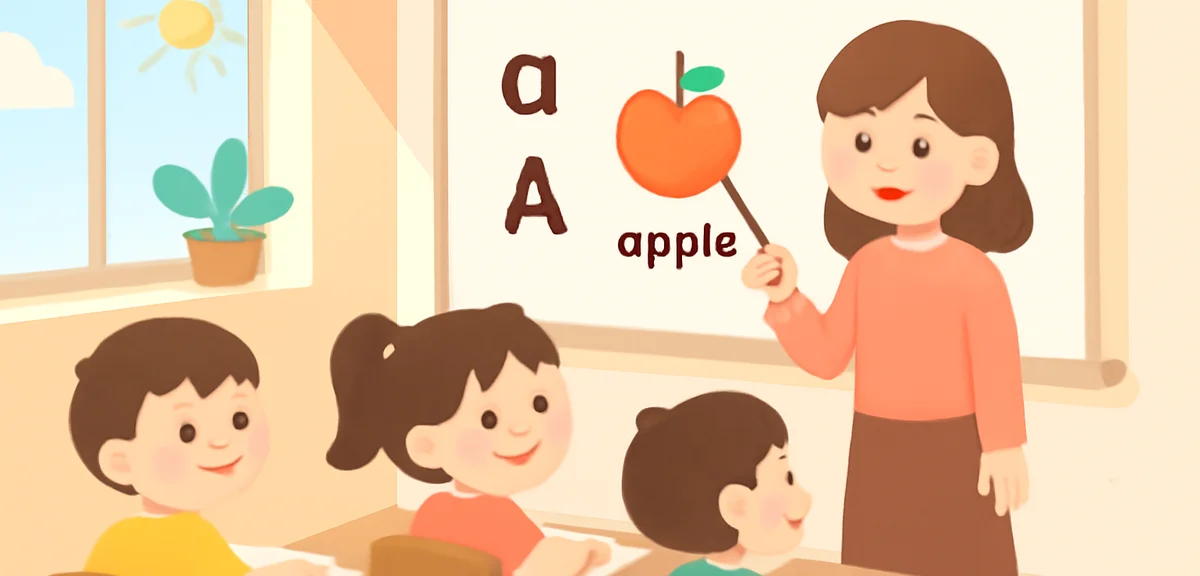 Japanese elementary students learning English at a small summer classroom, teacher pointing at a whi
