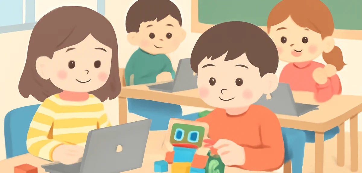 Elementary kids at a robotics and programming workshop, colorful blocks and laptops on desks, focuse