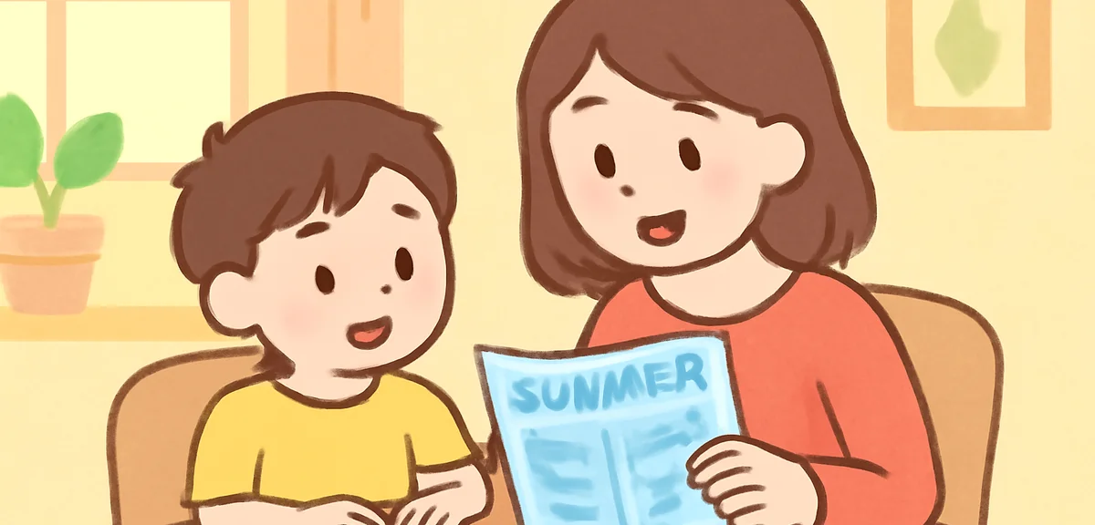 Parent and child looking at a summer lesson brochure at home dining table, calm evening light, warm 