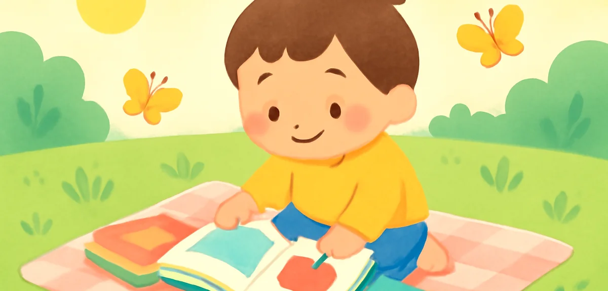 A toddler flipping through colorful picture books on a picnic blanket in a sunny garden, butterflies