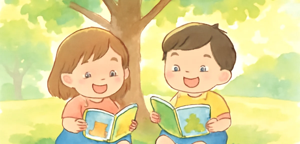 Two kindergarten-aged children reading picture books together under a shady tree in a summer park, g
