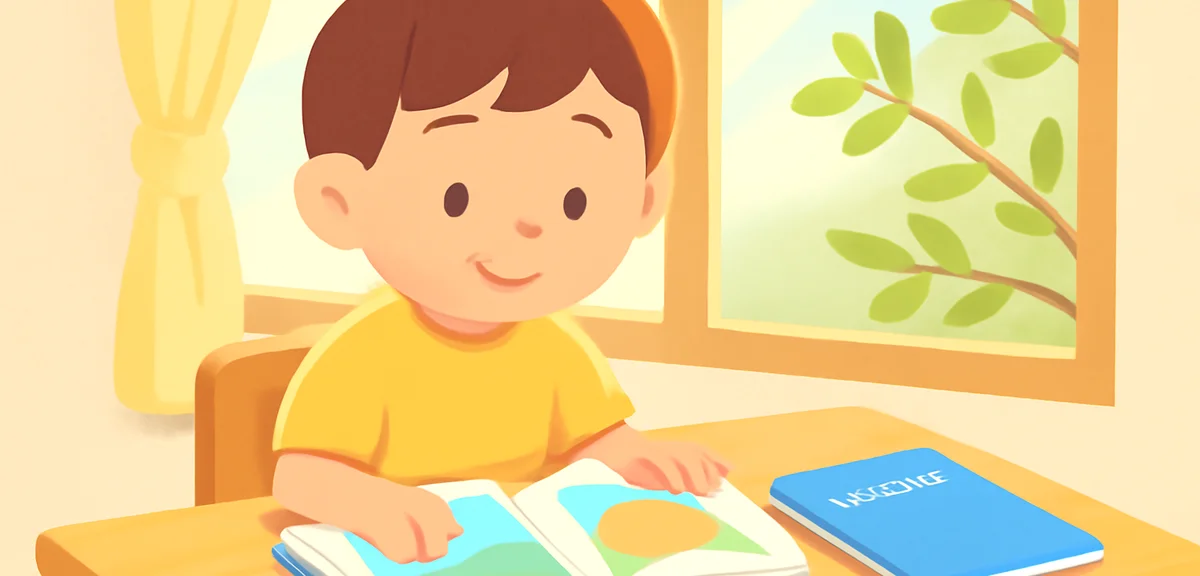 A lower-grade elementary school child sitting at a bright wooden desk reading an open picture book, 