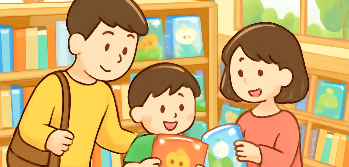 A family visiting a bright public library in summer, parent and child selecting picture books from w