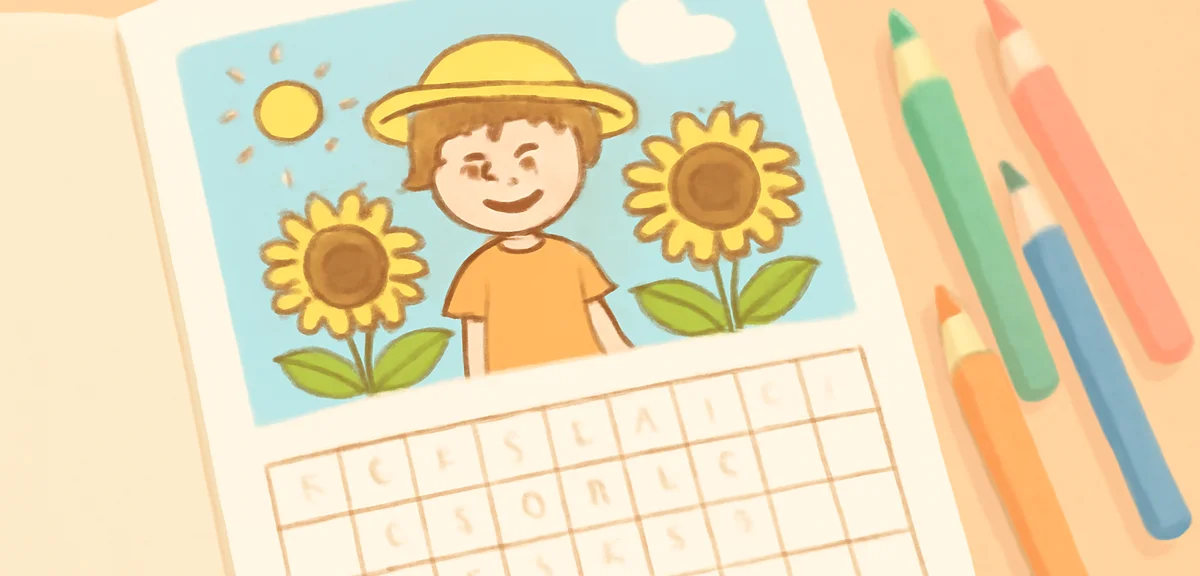 A close-up of an open picture diary sheet with the top half showing a simple hand-drawn summer scene