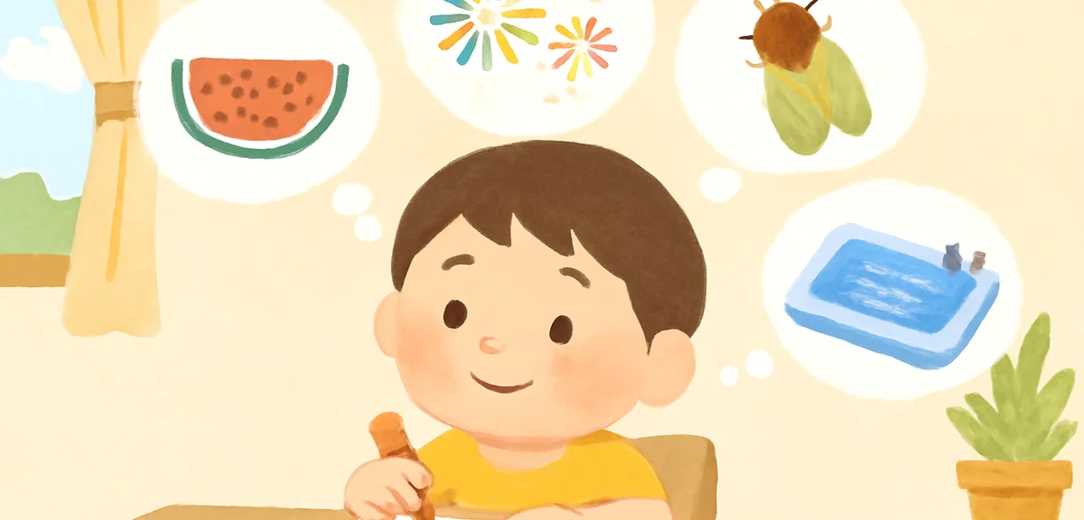 A cheerful Japanese child holding a crayon and thinking with a smile at the desk, thought bubbles fl