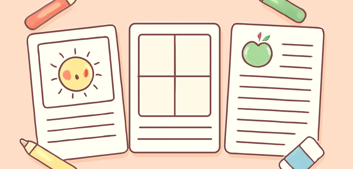 Three example picture diary sheets laid out side by side showing different simple layouts, one with 