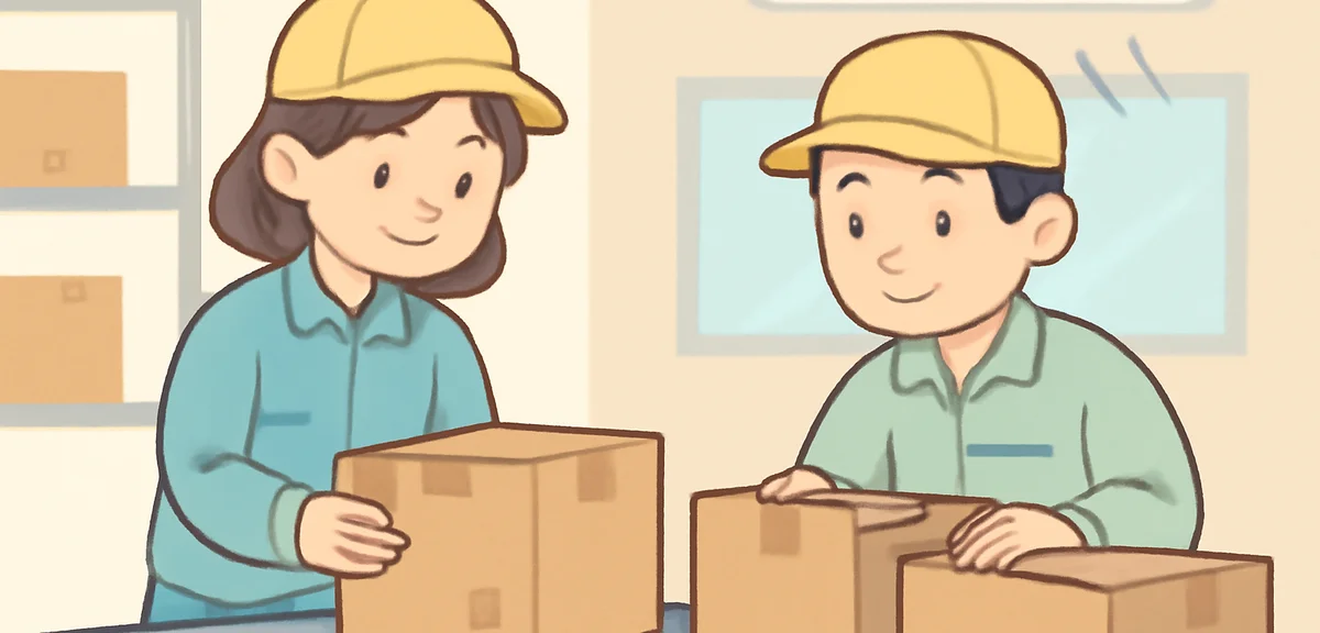 Two workers in casual work clothes sorting cardboard boxes on a conveyor belt in a bright air-condit