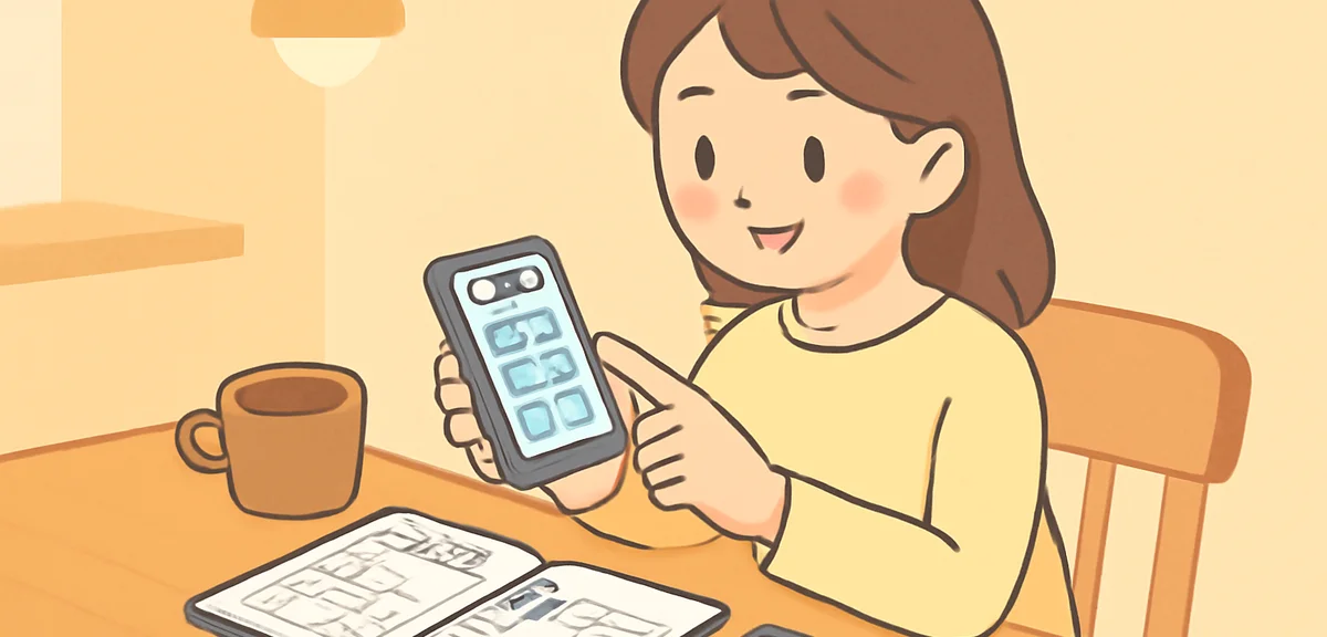 A Japanese young adult checking a job matching app on a smartphone at a cafe table, notebook with we
