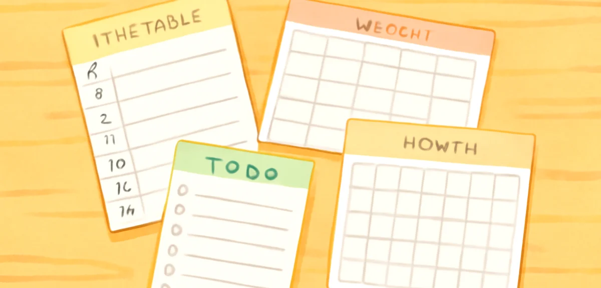 Four types of paper schedule templates fanned out on a wooden table: a vertical daily timetable, a h