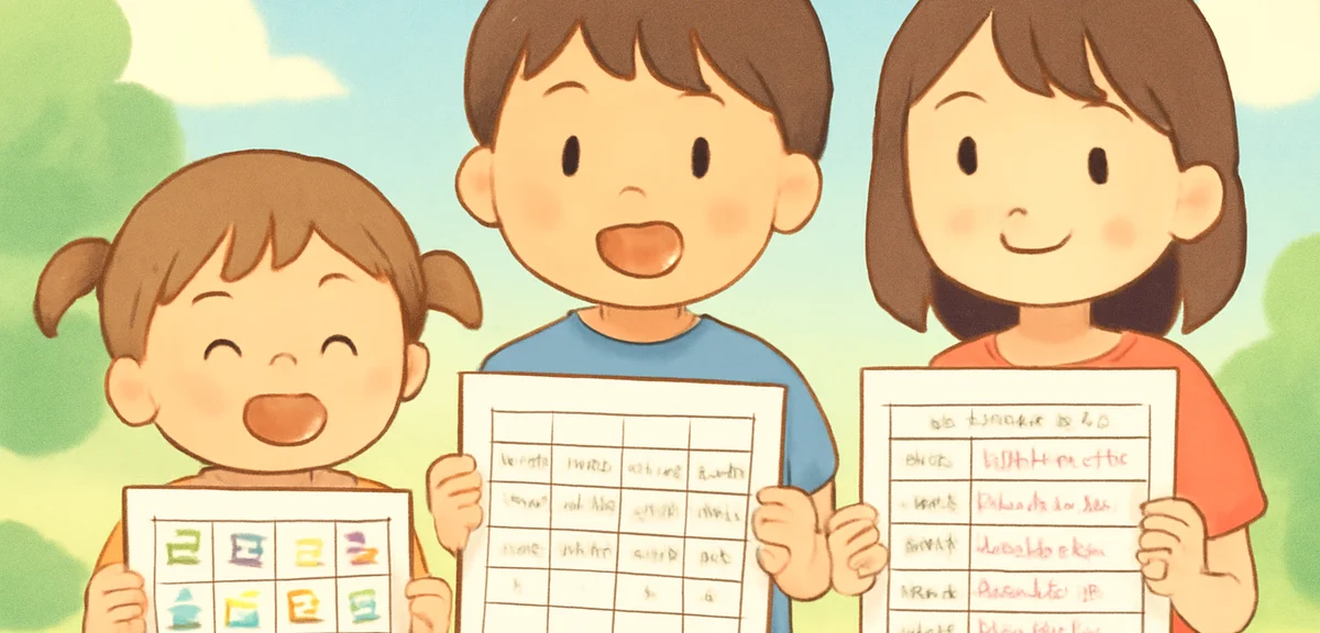 Three Japanese elementary school students of different ages showing their filled-in schedule sheets,