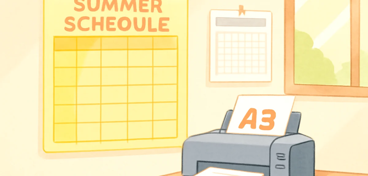 A large summer schedule sheet pinned on a Japanese living room wall next to a wall calendar, printer