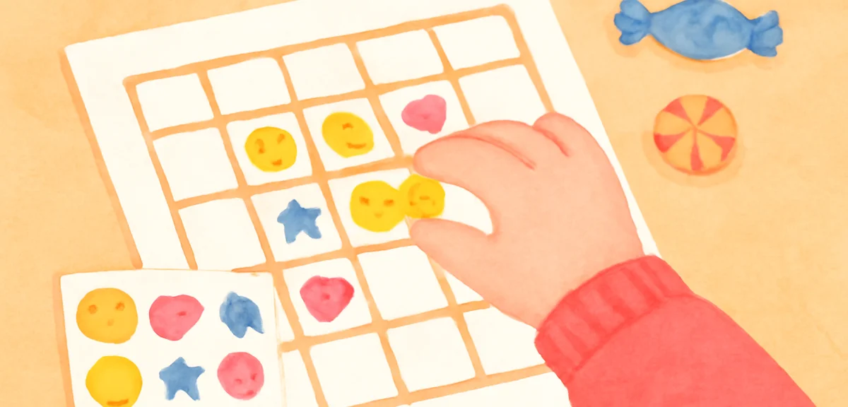 A close-up of a child's hand sticking colorful reward stickers onto a completed daily task chart, sm