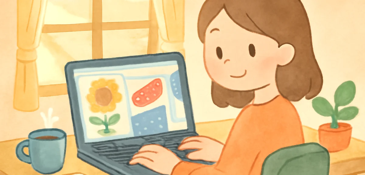 A person browsing a free stock illustration website on a laptop at a cozy home desk, summer themed i