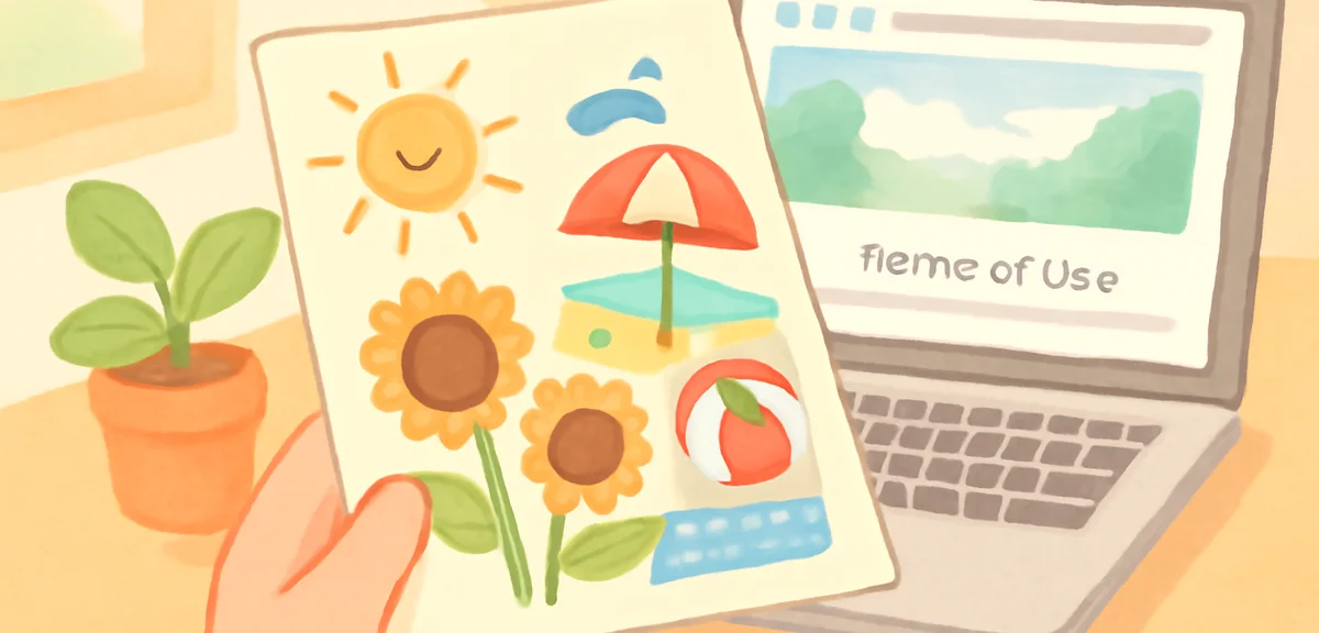 A hand holding a printed summer graphic sheet with sunflowers and beach elements next to a laptop sh