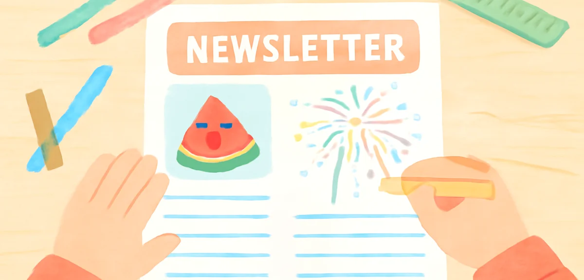 A PTA newsletter layout being designed on a large table, printed paper with summer illustrations of 