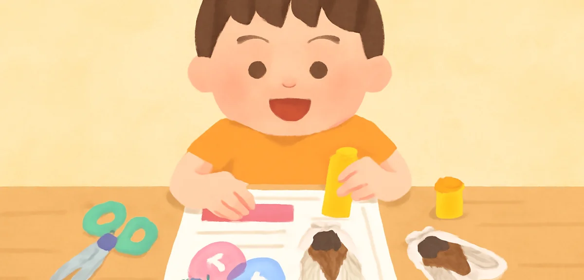 An elementary school student decorating a summer free-research report with printed illustrations of 