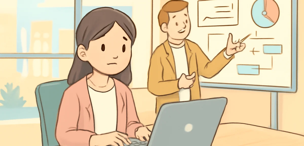 A Japanese female university intern in business casual attire working at a desk in a modern overseas