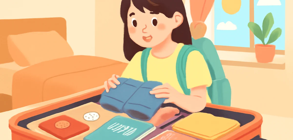 A Japanese university student packing a large suitcase for a summer study abroad trip, laid out item