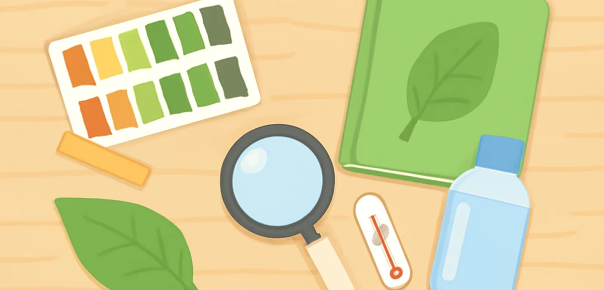 Overhead flat lay of environmental research tools on a wooden desk with pH test strips a small therm