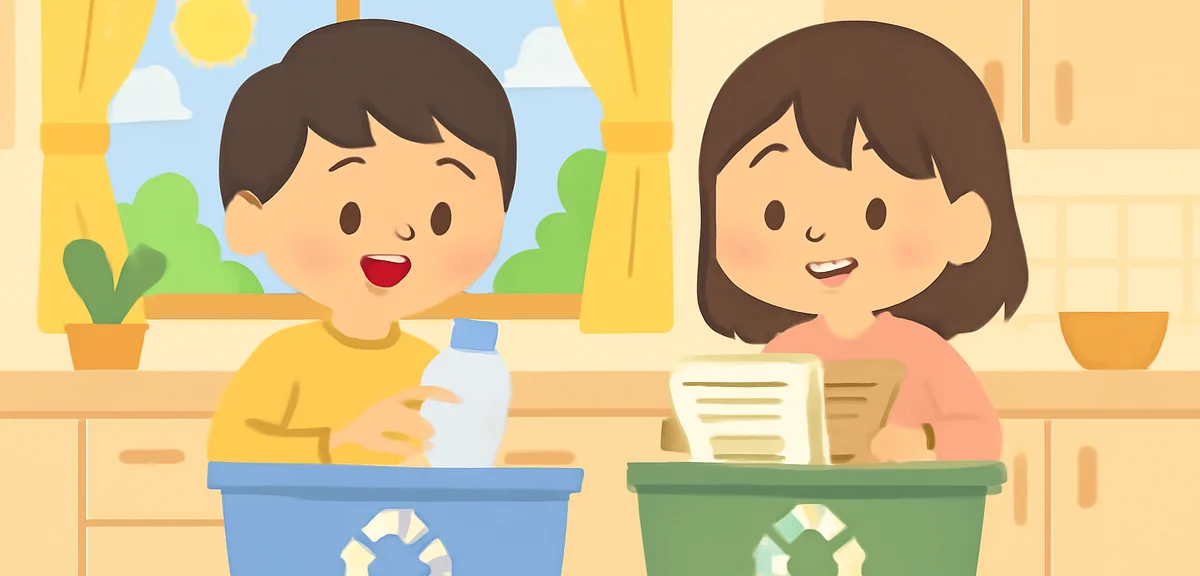 A Japanese boy and girl separating recyclable items into labeled bins in a bright kitchen blue for p
