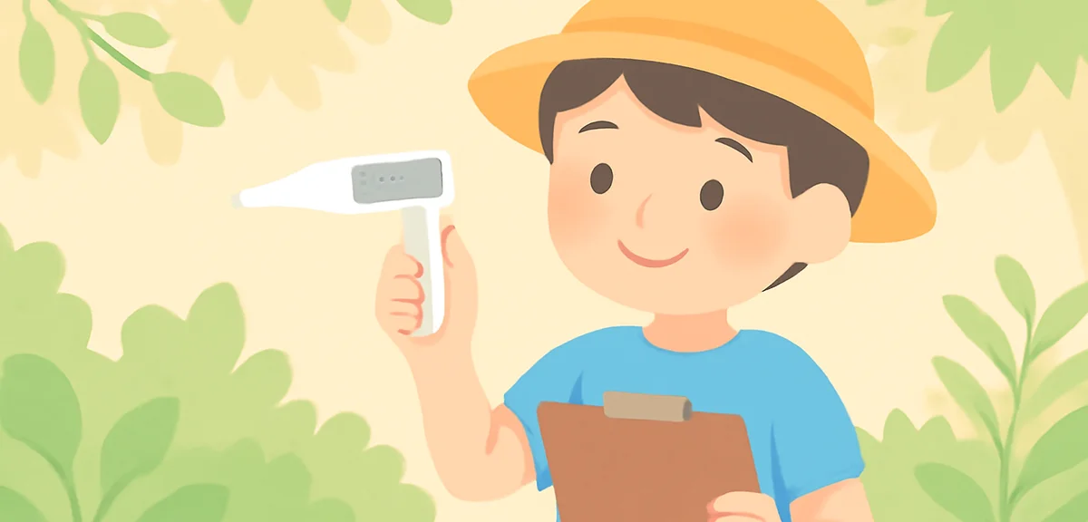 A Japanese elementary student measuring temperature in a shaded garden with a digital thermometer ho