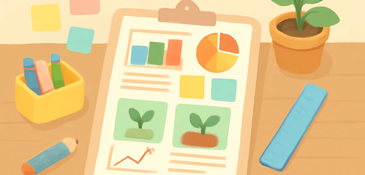 A neatly arranged research poster on a desk showing graphs photos of plants and colored sticky notes