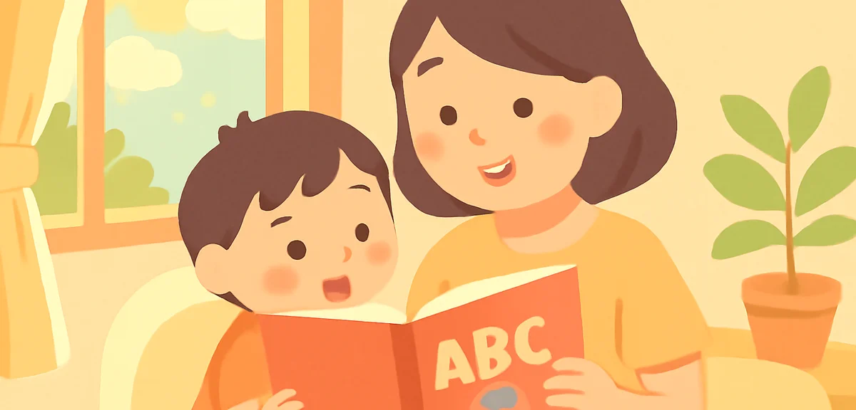 A cozy scene of a Japanese mother reading an English picture book to a preschool child on a summer a