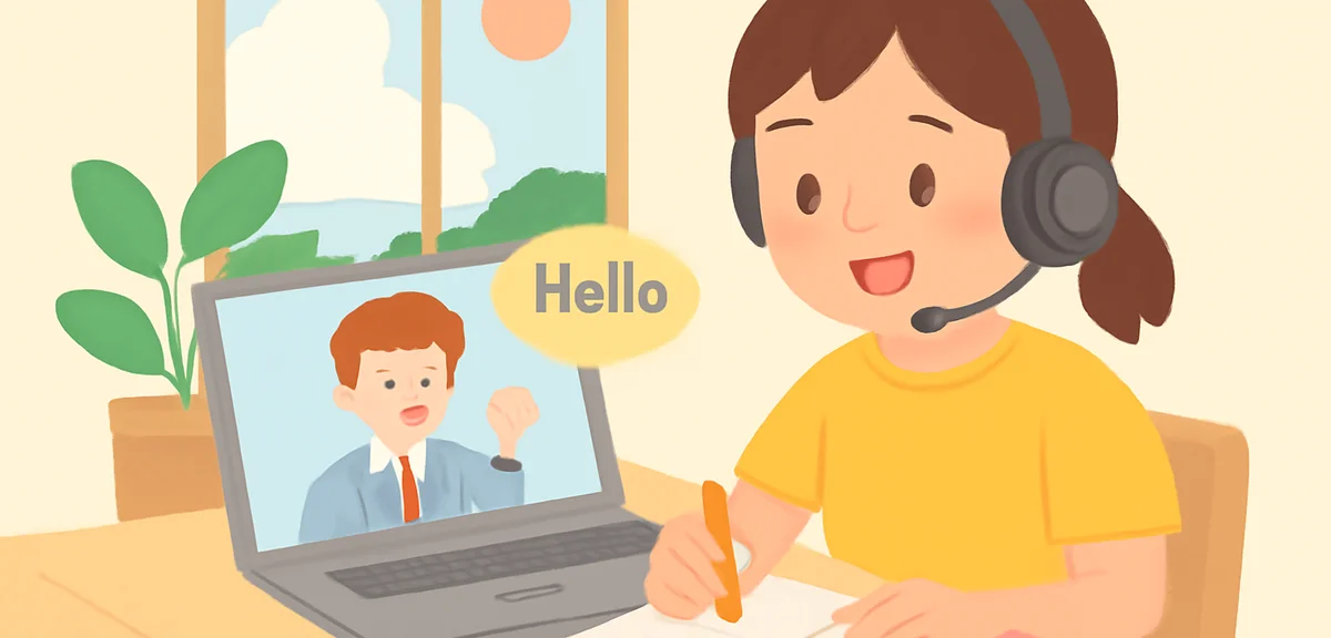 A Japanese elementary school student having an online English lesson with a foreign teacher on a lap