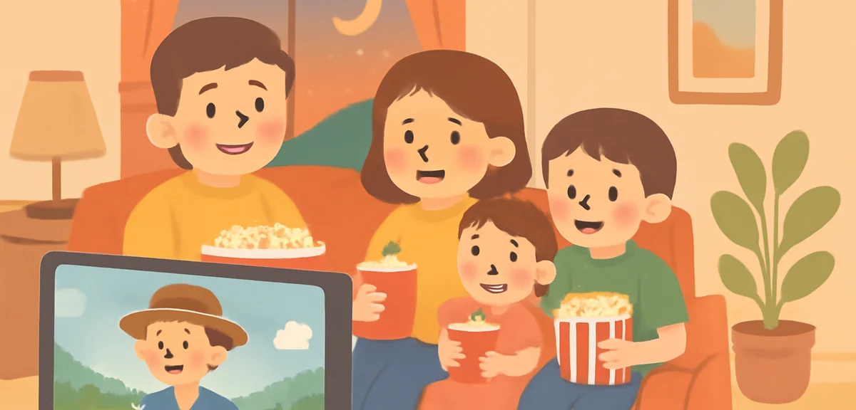 A family enjoying an English movie night in summer, subtitles on the TV screen, popcorn and drinks, 