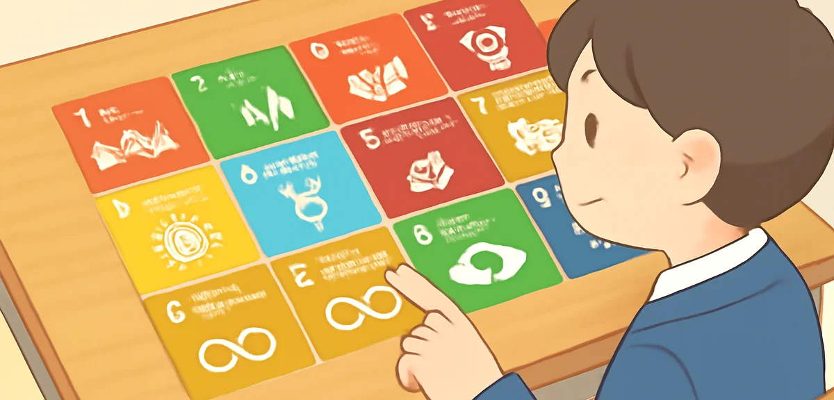 A colorful chart of the SDGs 17 goals icons arranged in a grid on a wooden classroom desk, with a Ja