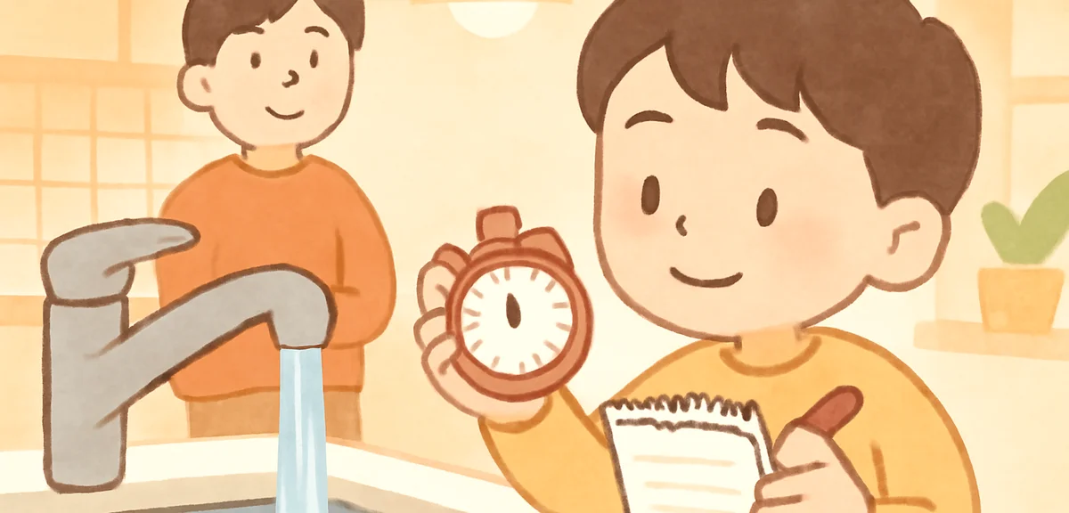 A Japanese child measuring water usage at a kitchen sink with a stopwatch and notebook, gently smili