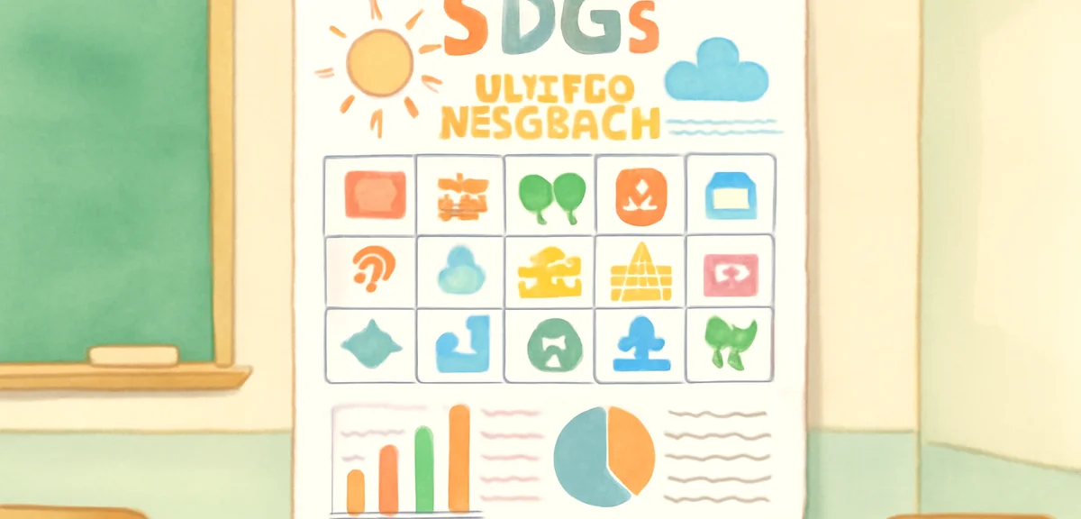 A finished summer research poster on large white paper (mozoshi) featuring the SDGs 17 goals with ha