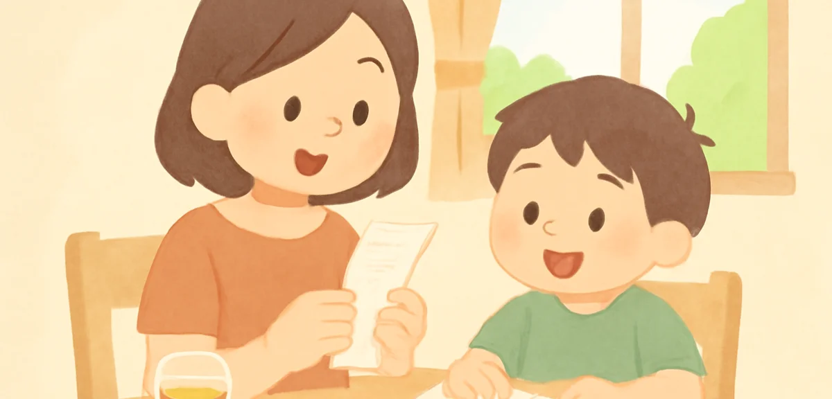 A parent and child sitting at a dining table looking at grocery receipts and a small notebook togeth