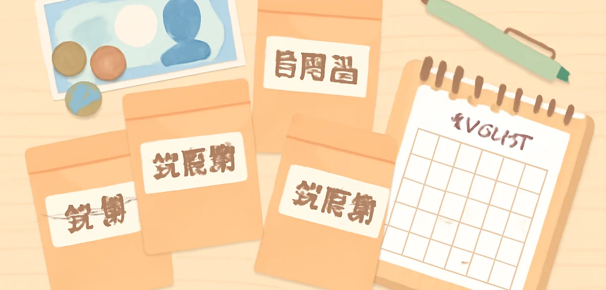 Flat lay of labeled cash envelopes with Japanese category names, arranged next to a wooden desk with