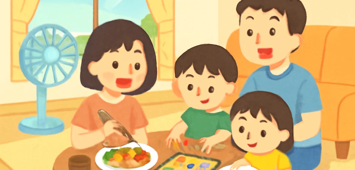 A cozy Japanese home living room in summer with a family enjoying a homemade lunch and playing a boa