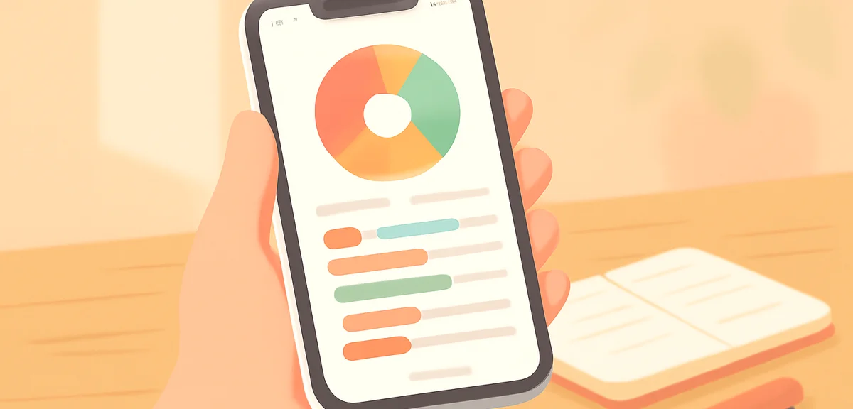A close-up of a smartphone displaying a generic household budgeting app dashboard with pie charts an