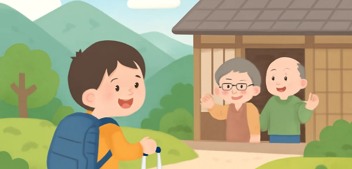 A Japanese child from the city arriving at a rural Japanese mountain village home with a suitcase, g