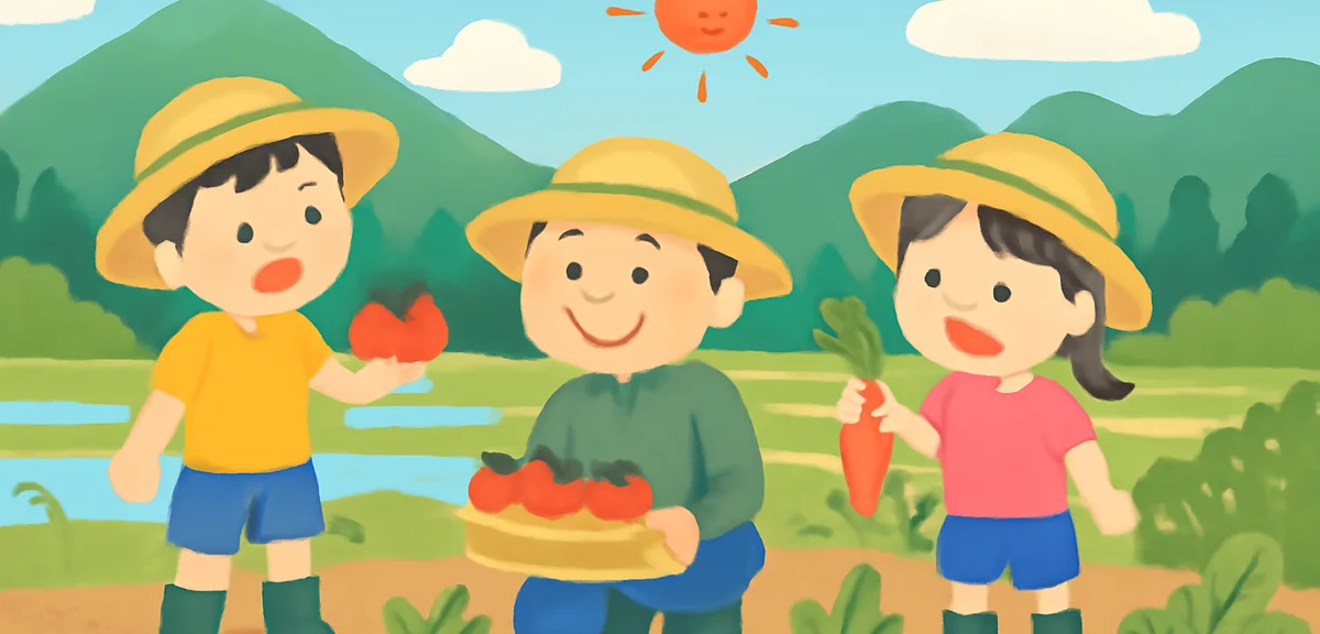 Japanese children experiencing rural life in summer, harvesting vegetables in a mountain field with 