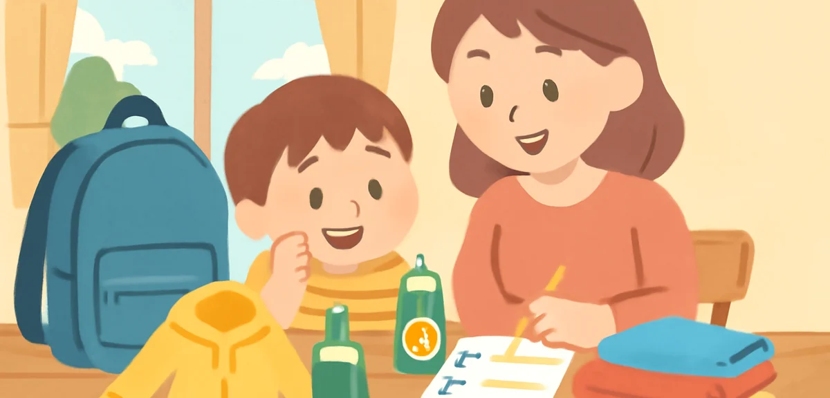 A Japanese mother and child preparing a packing checklist for a rural summer program at home, outdoo