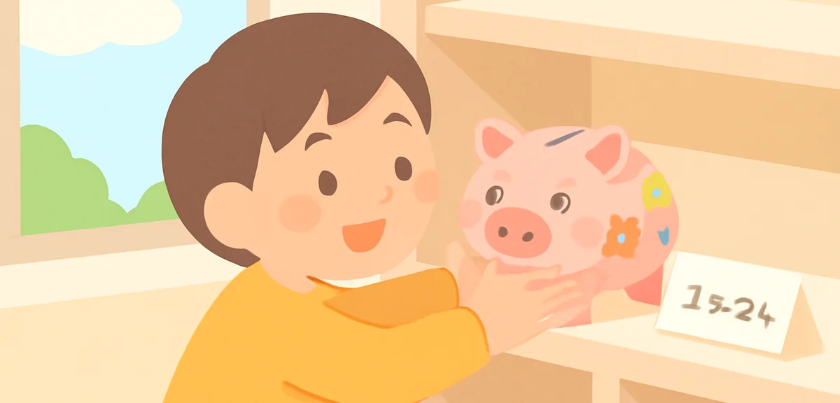 An elementary school child carefully placing a decorated handmade piggy bank onto a display shelf la