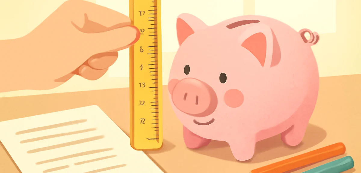 A close-up of a measuring ruler placed next to a handmade piggy bank on a craft desk, checking the s