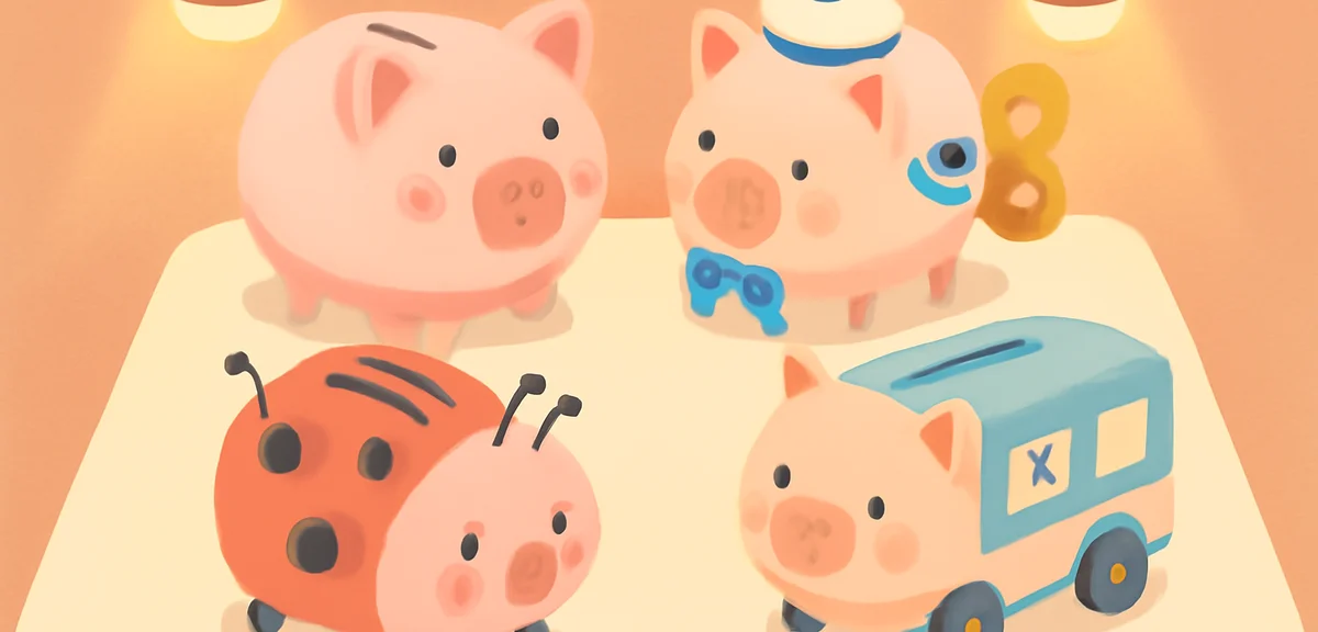 A group of creative handmade piggy banks with movable parts and themed designs displayed on a galler