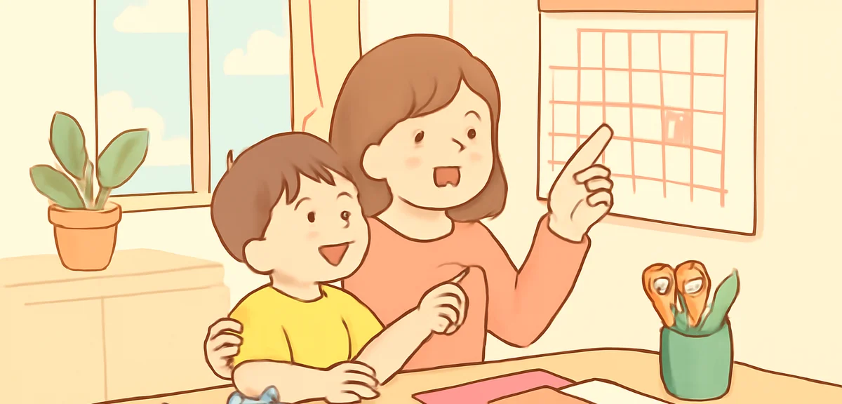 A parent and child looking at a wall calendar together while planning a summer craft project, craft 