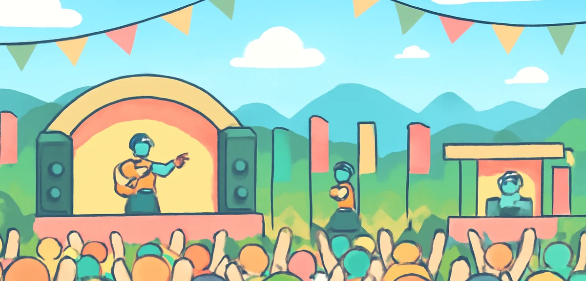 A vibrant summer music festival scene with multiple stages, large crowd raising hands under blue sky
